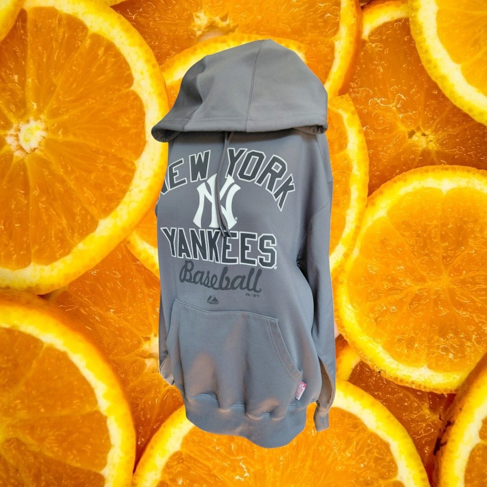 Majestic Mens New York Yankees Therma Base Hoodie Grey MLB Baseball Sweatshirt